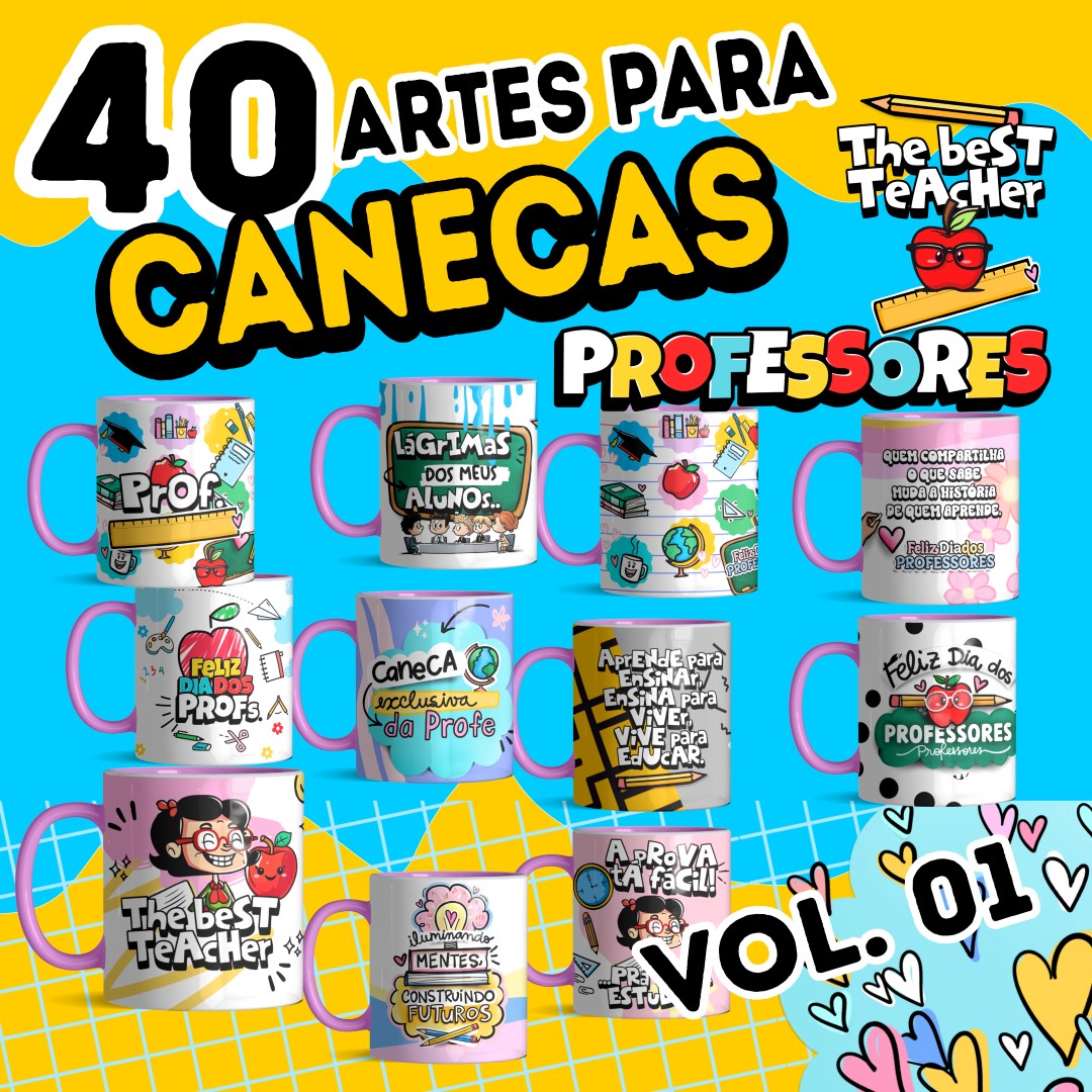 Caneca com ilustrações de livros e material escolar