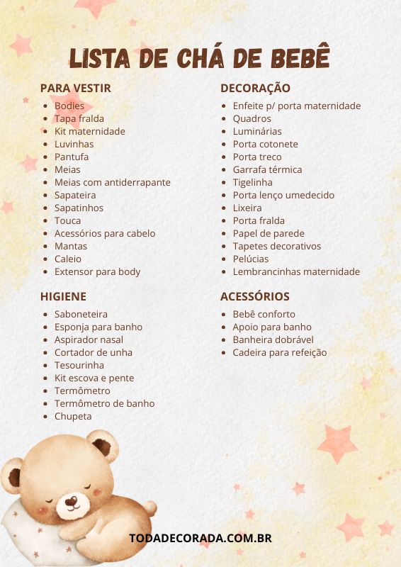 cha de fralda lista