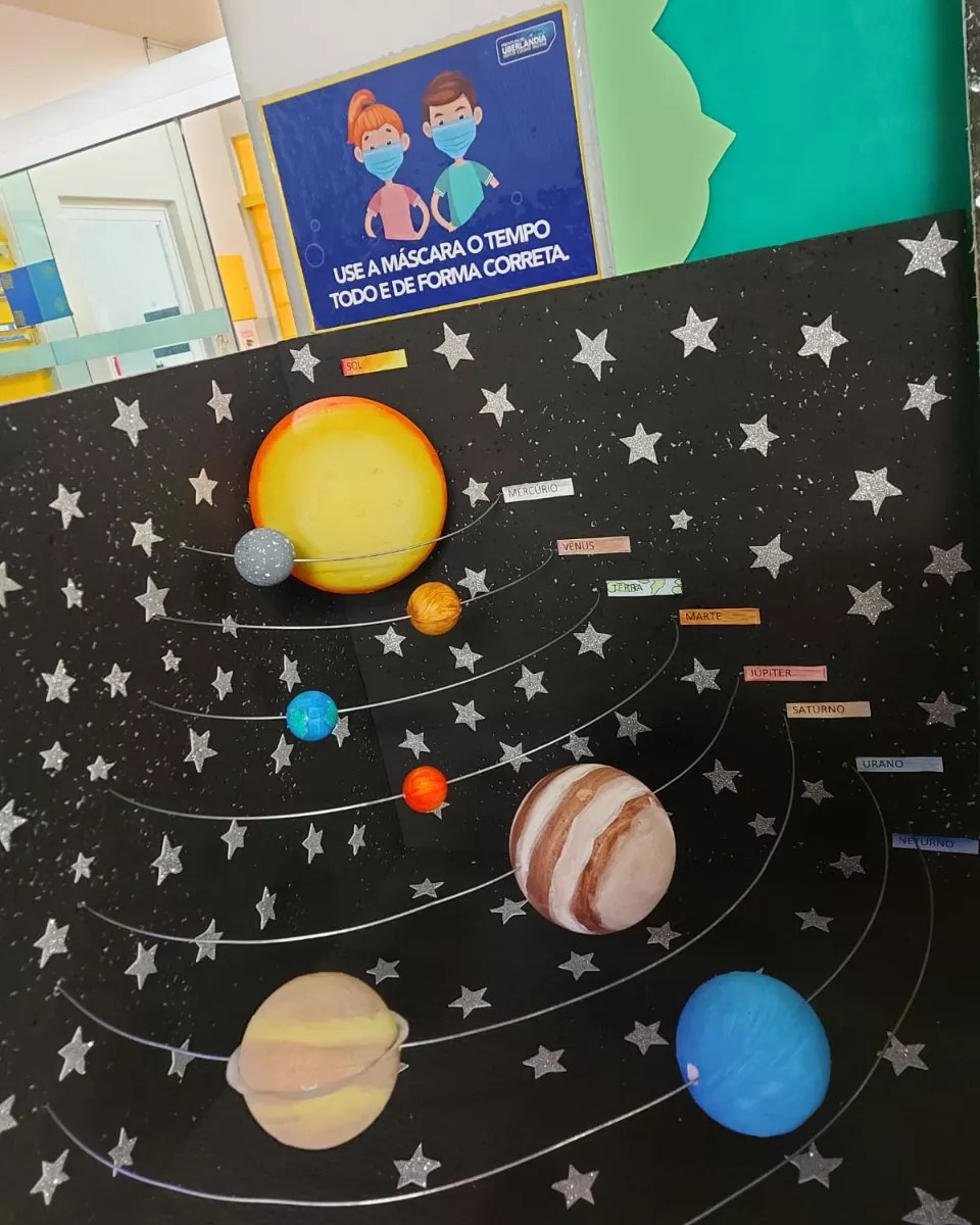 Maquete sistema solar com materiais reciclados