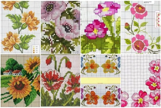 gráficos ponto cruz flores para caminho de mesa