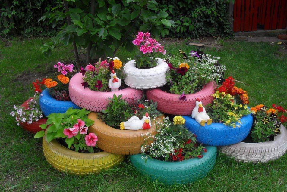 ideias criativas jardins pneus