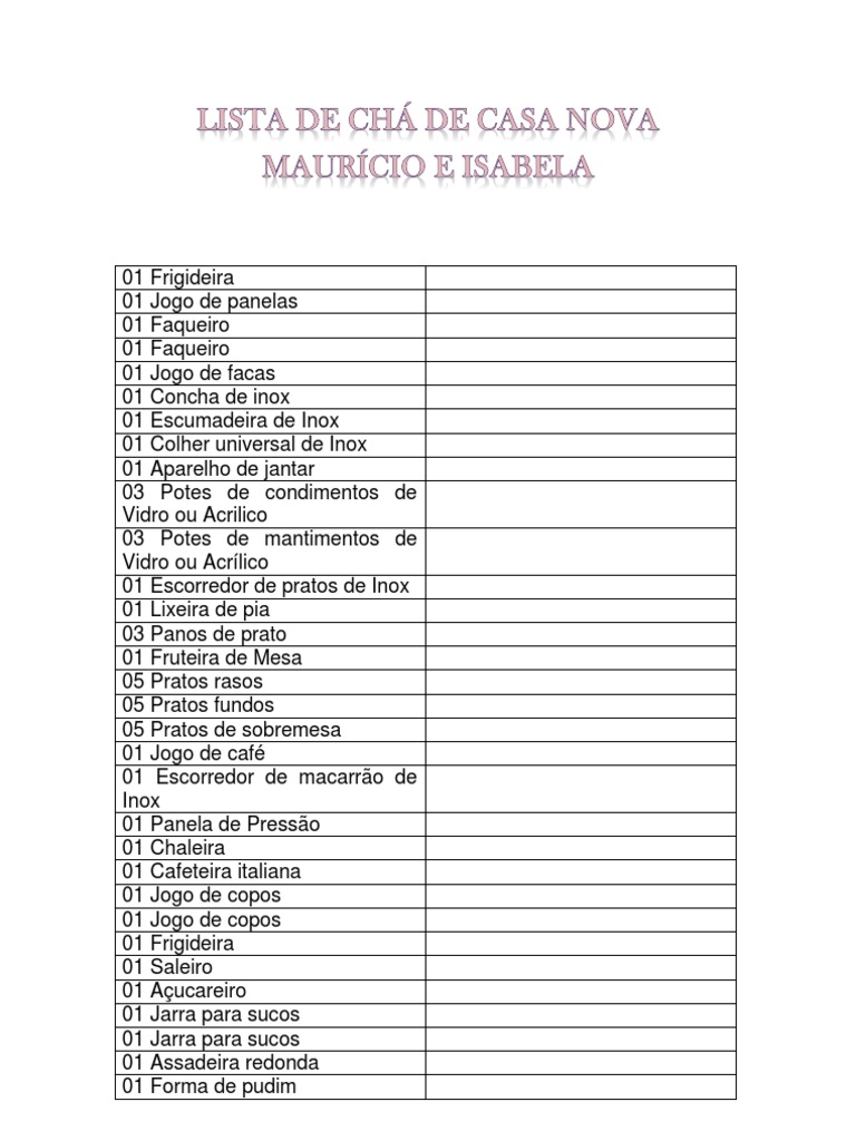 modelo lista chá de casa nova word para baixar