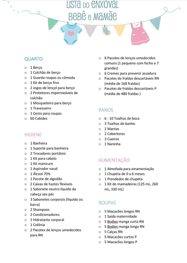 lista de compras enxoval bebê 0 a 3 meses