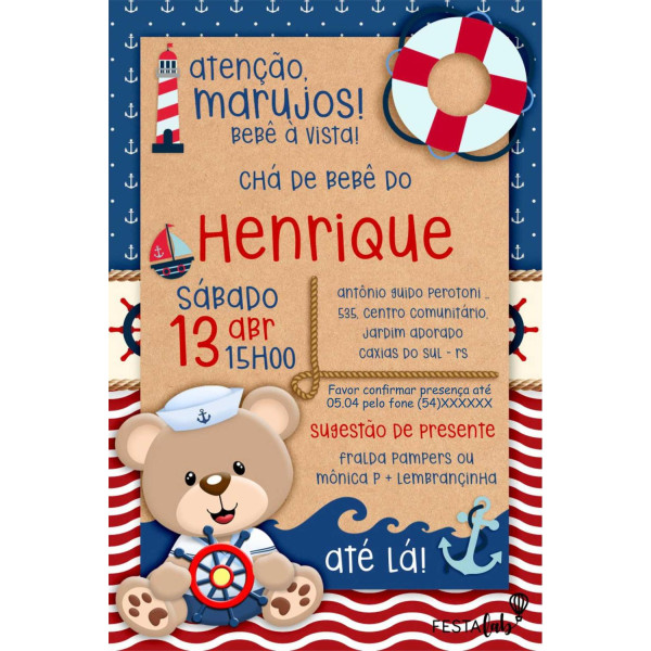 Convite Ursinho Marinheiro: Modelos e ideias para chá de bebê