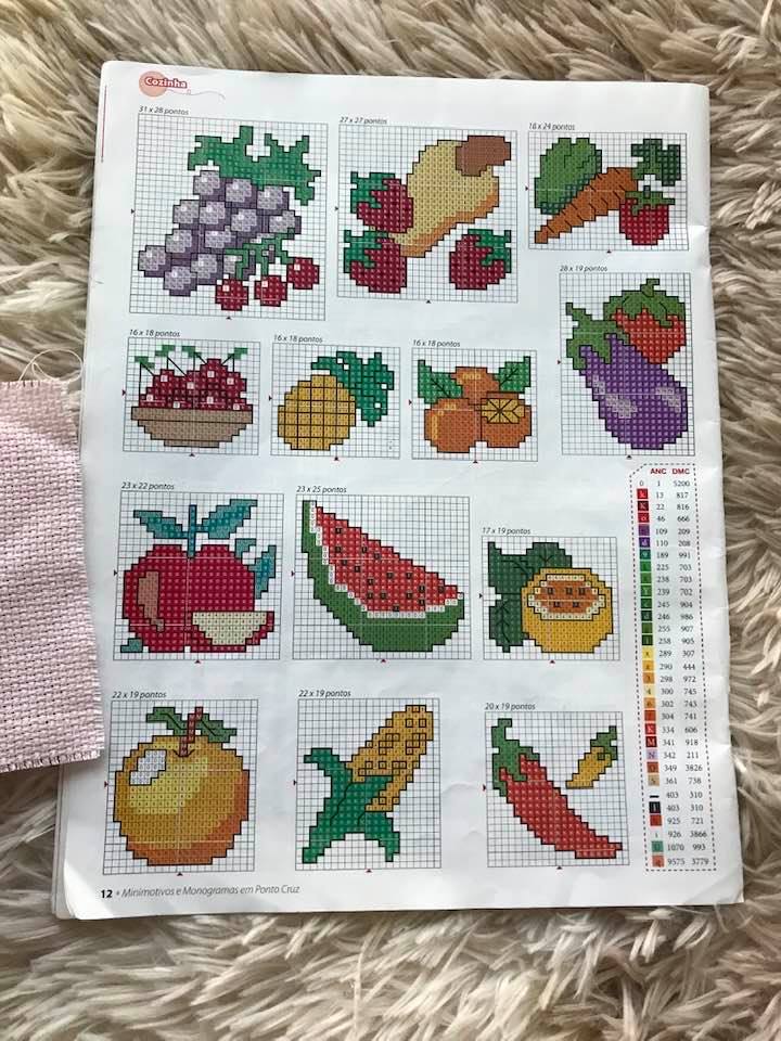 ponto cruz frutas para panos de prato