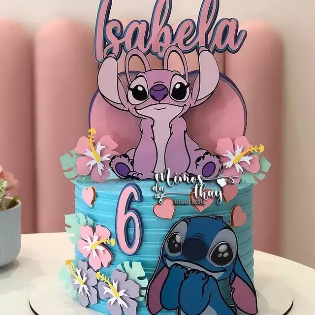 topo de bolo stitch e angel para festa