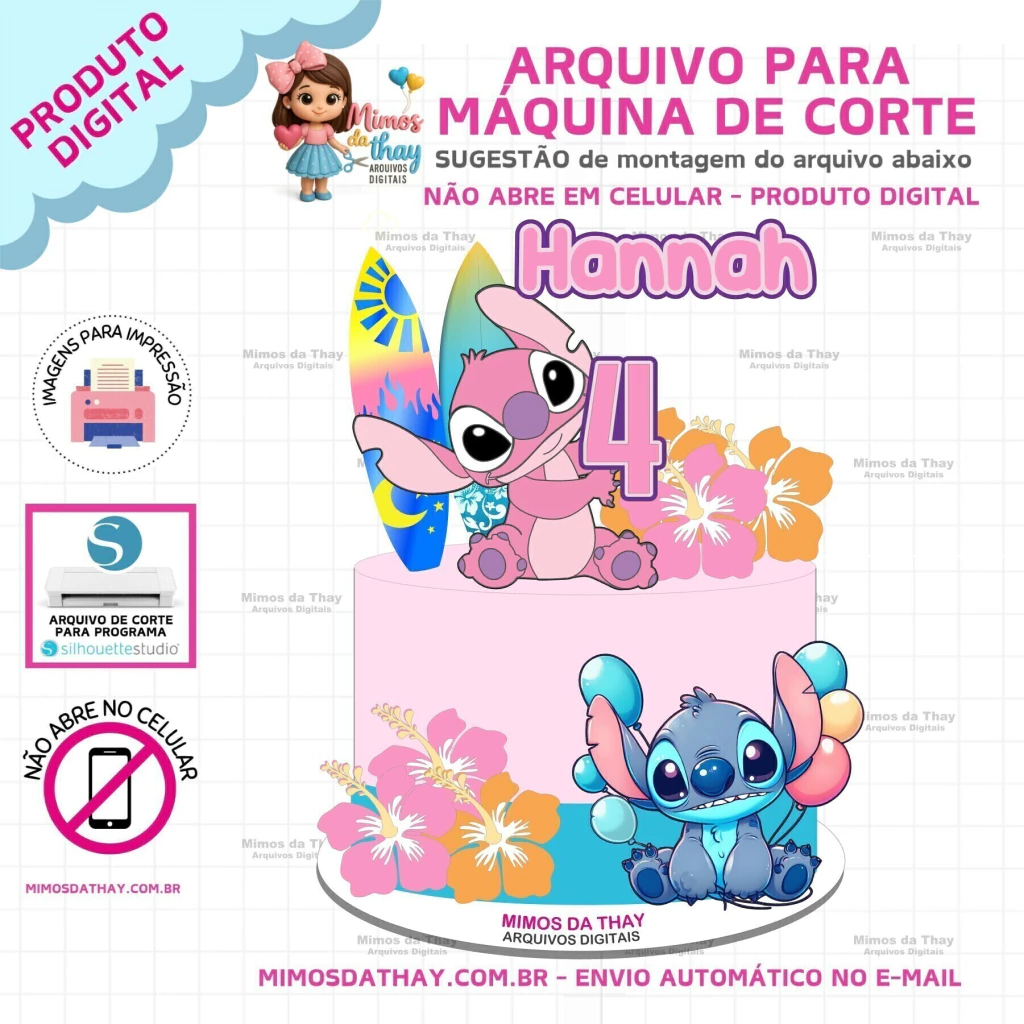 topo de bolo stitch rosa arquivo de corte