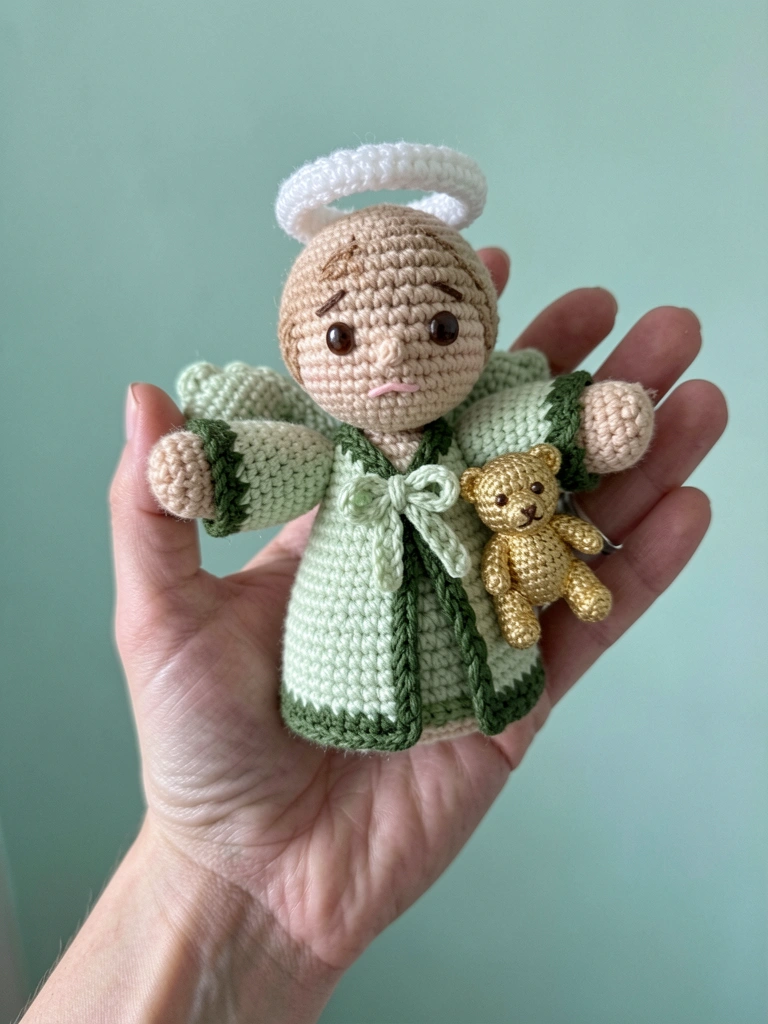 Anjo amigurumi de crochê em tom pastel, com asas e auréola, apoiado sobre uma mesa de madeira clara, iluminação suave ao fundo.