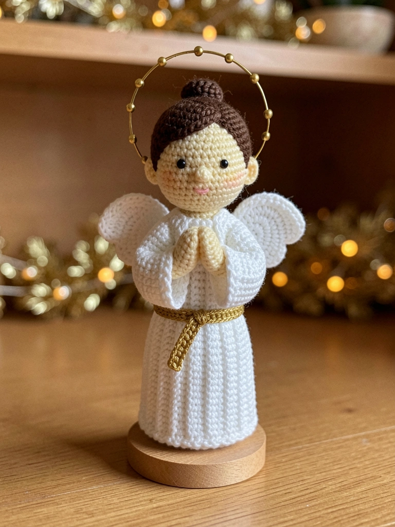 Anjo amigurumi de crochê branco com asas e auréola, sobre superfície de madeira clara com luz natural suave.