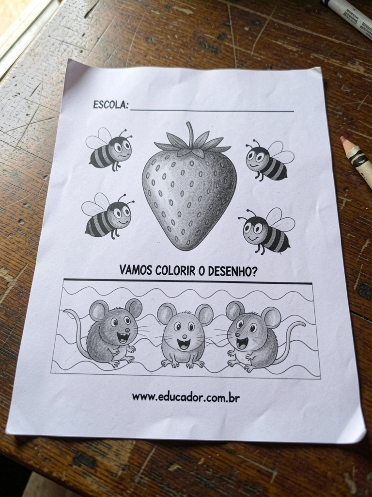 Crianças pintando com as mãos em uma mesa de madeira, com tintas coloridas em potes ao redor.