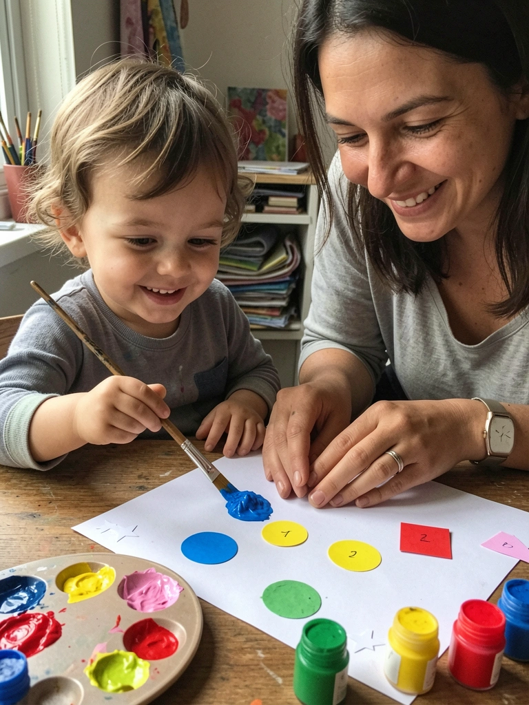 Criança e adulto pintando juntos em mesa com tintas coloridas, pincéis e papel.