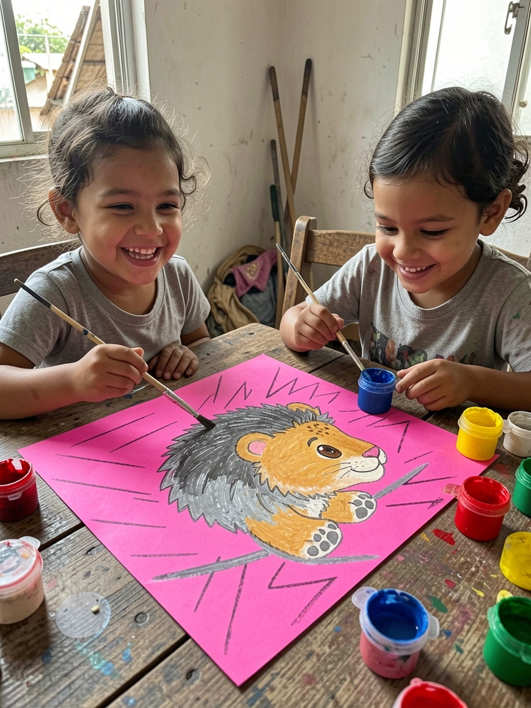 Crianças pintando com pincéis e tinta guache sobre papel colorido