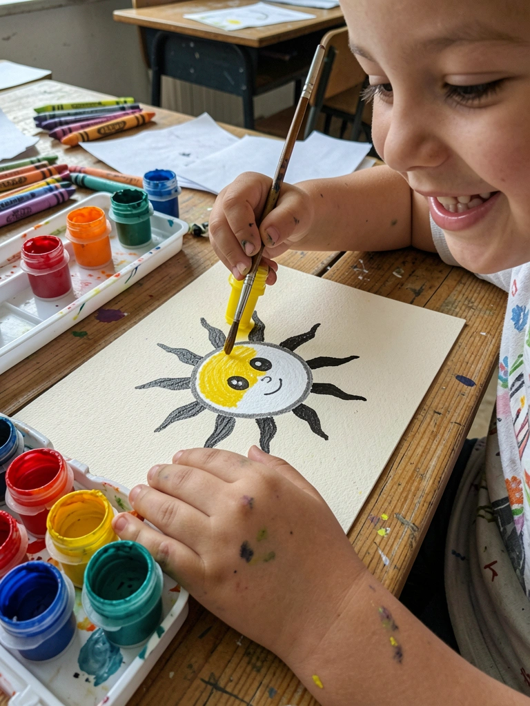 Mãos pequenas segurando pincel sobre bandeja com tintas coloridas