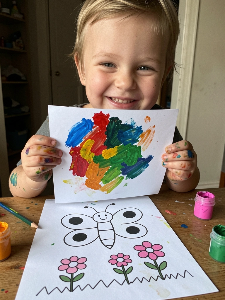 Criança sorrindo com as mãos sujas de tinta guache colorida