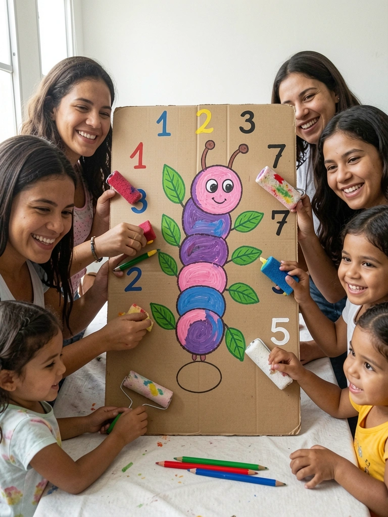 Pessoas pintando papelão com esponjas e rolinhos em uma mesa coberta de tinta