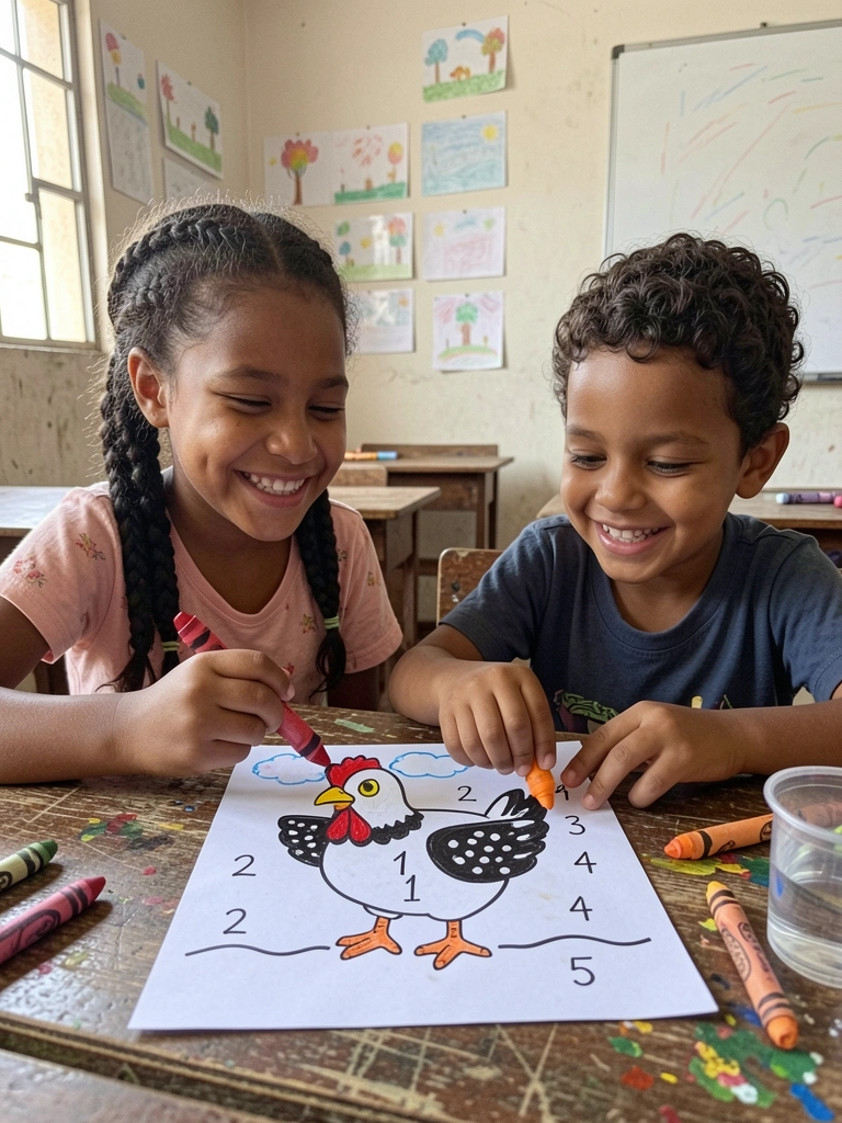 Crianças em sala de aula seguindo modelo de pintura em cavalete
