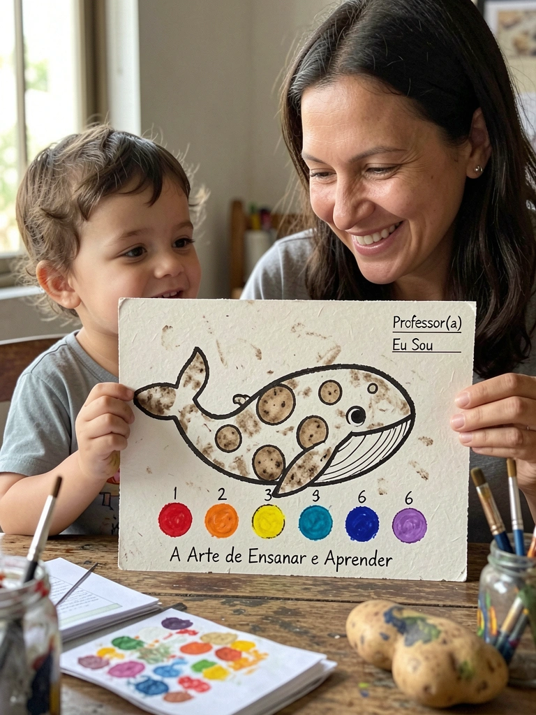 Adulto segurando pintura com carimbo de batata para criança
