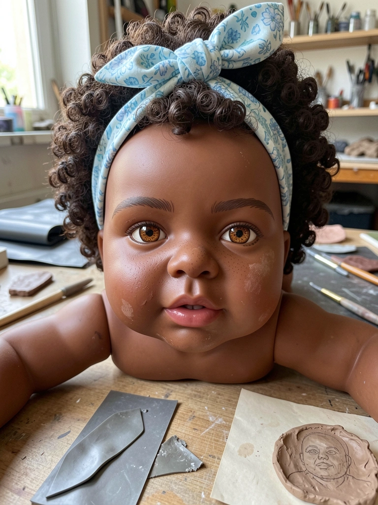 Materiais de escultura em silicone e vinil sobre mesa de artista, com ferramentas e moldes espalhados