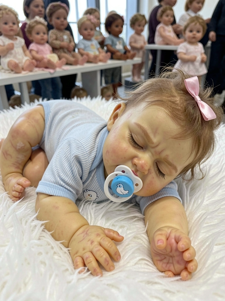 Bebês reborn de diversos materiais e tamanhos alinhados em uma estante de exposição