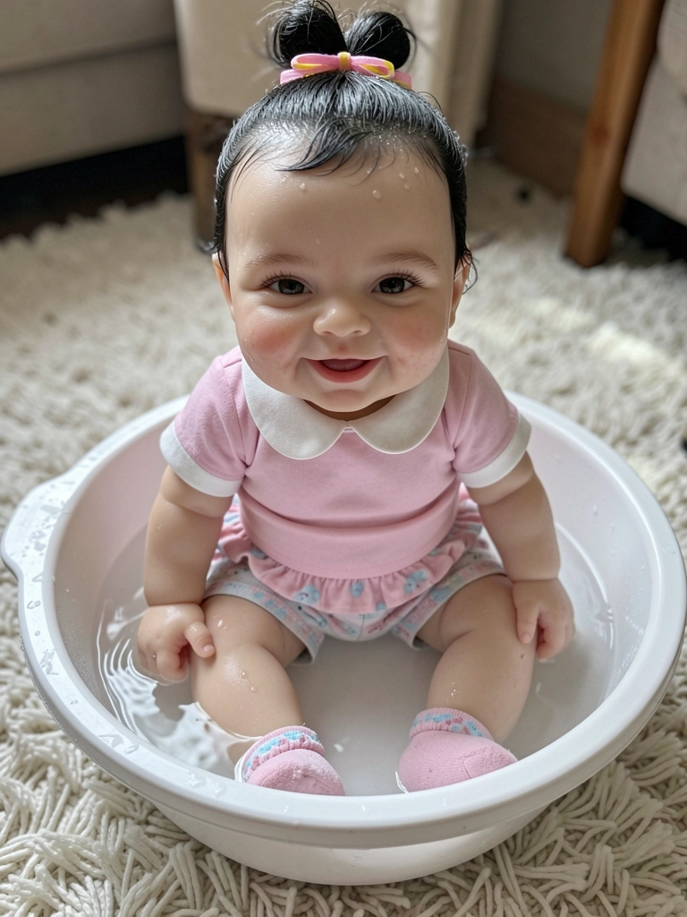 Boneca reborn de silicone sendo lavada em bacia com água e sabão