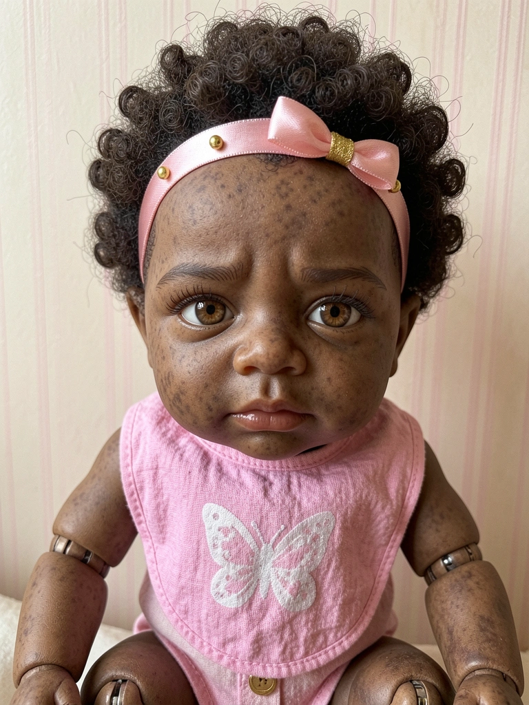 Bebê reborn de corpo de pano com pernas articuladas, sentado, vestido com roupinha delicada