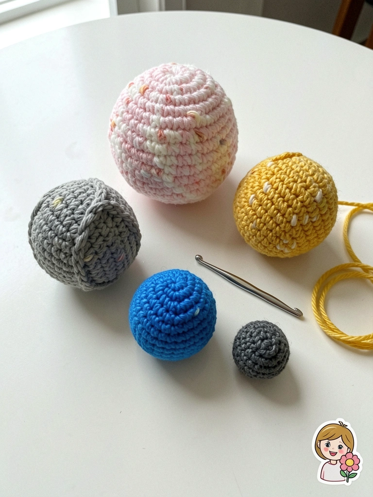 Bola amigurumi colorida com novelos de fio e agulha sobre mesa