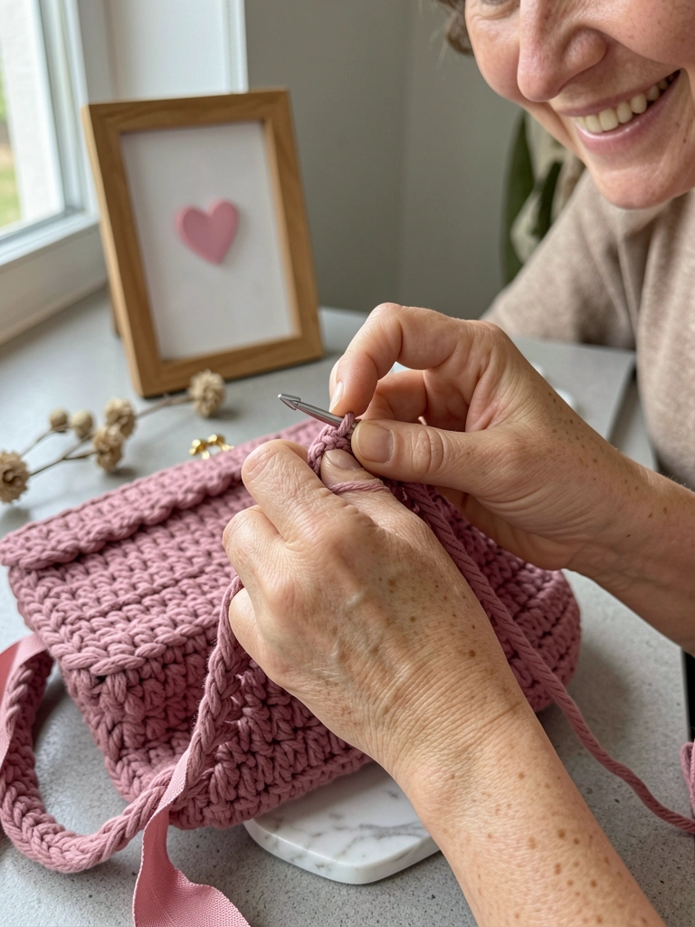 Mãos de artesã fazendo ponto alto com barbante de algodão e agulha de crochê