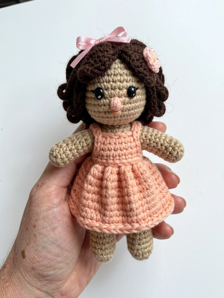 Boneca amigurumi de crochê em tons pastel, com cabelos de lã e olhos de segurança, apoiada em uma cadeira de balanço de madeira em um quarto claro.
