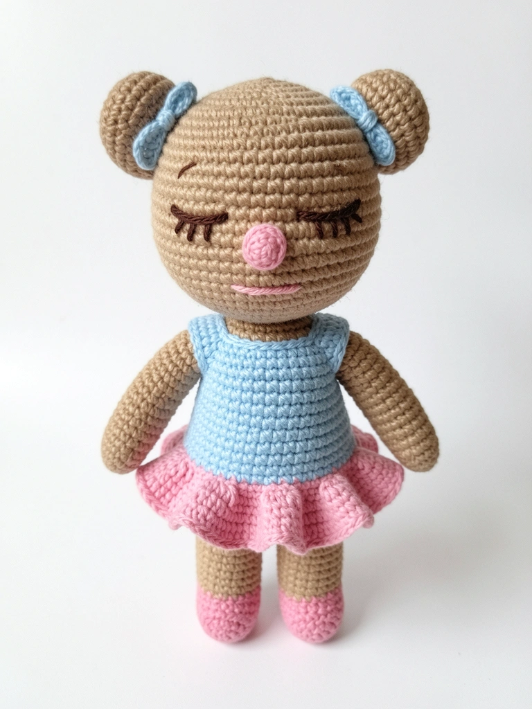 Boneca amigurumi de crochê em tons pastel, com cabelos ruivos e vestido azul, sentada em uma cadeira de madeira clara.