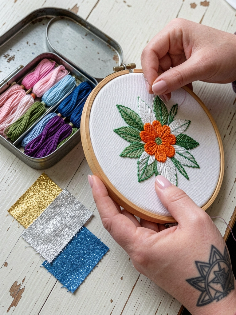 Close de bordado floral em tons pastel sobre tecido de linho cru, com agulha e linha sobre a mesa.