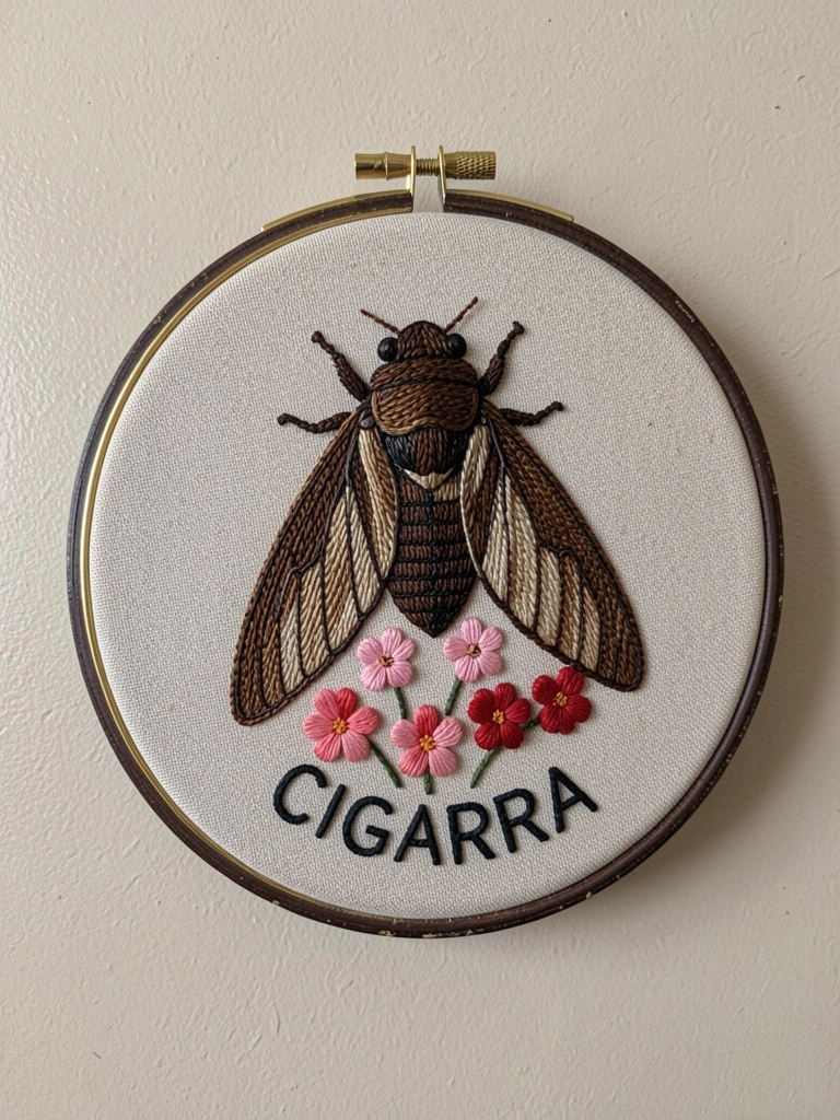 Close de bordado floral colorido sobre tecido cru, com linha e agulha sobre a mesa