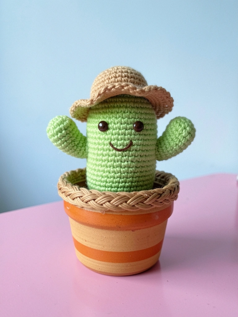 Cacto amigurumi colorido com vaso decorativo, sorridente, fundo desfocado