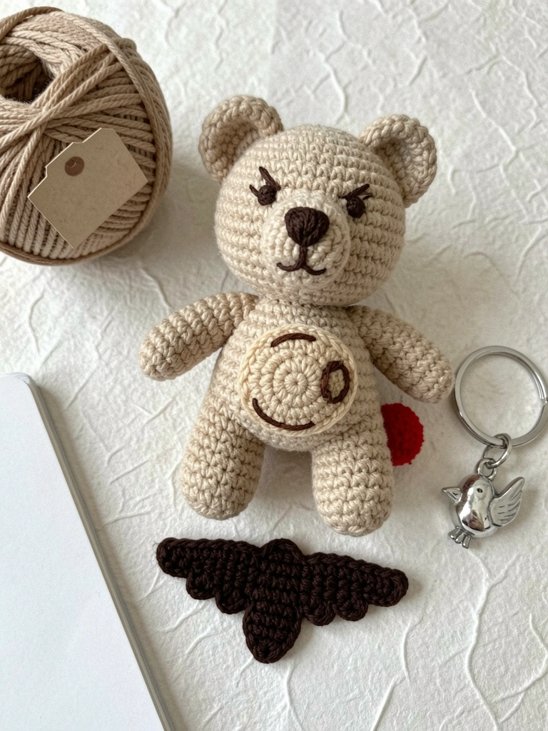 Chaveiro amigurumi em formato de gatinho, feito em crochê, com olhos de segurança e fita de cetim no pescoço, pendurado em uma alça de bolsa.