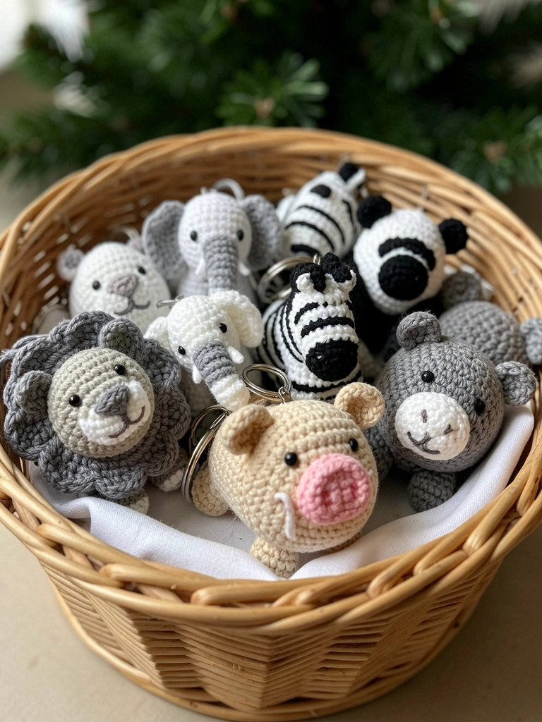 Chaveiro amigurumi em formato de gato, feito em crochê, sobre uma mesa de madeira clara, com luz natural.