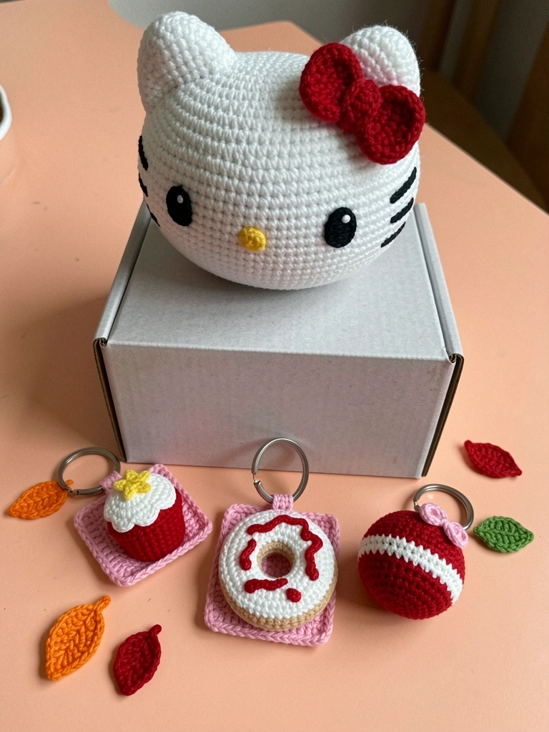 Chaveiro amigurumi de urso em crochê, com olhos de segurança e fita de cetim, pendurado em uma alça de bolsa.