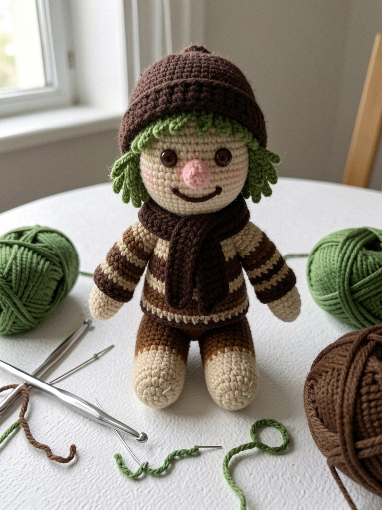 Boneco amigurumi do Chaves sorrindo, vestindo roupa listrada e gorro, cercado por linhas de crochê e agulhas.