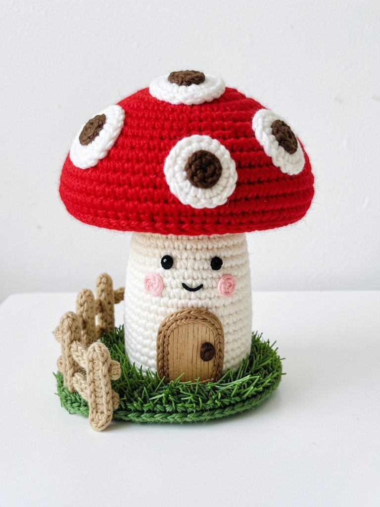 Close-up de cogumelo amigurumi com bochechas rosadas e olhinhos bordados