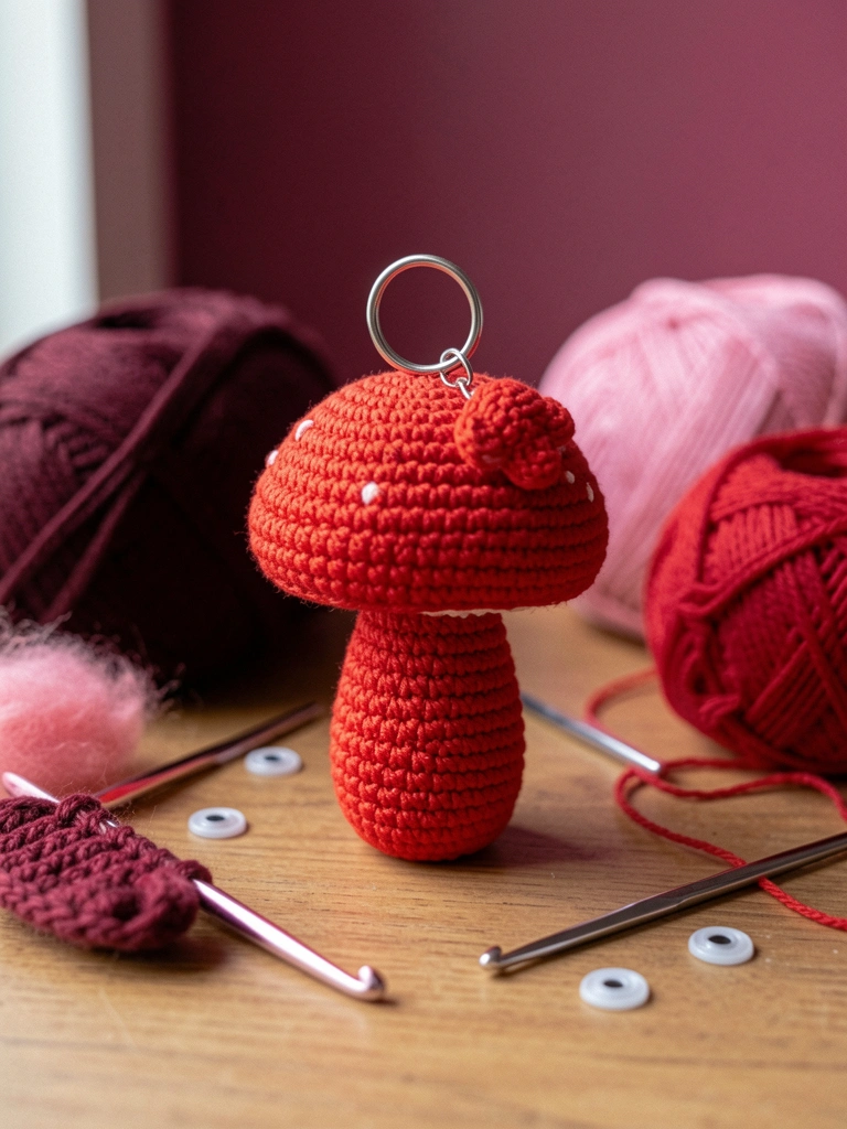 Mesa com novelos de fio, agulhas de crochê, enchimento e olhinhos para amigurumi.
