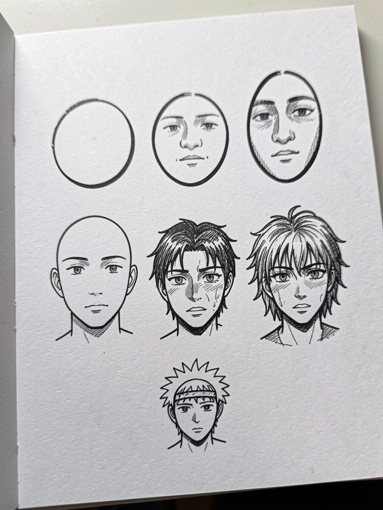 Desenho em preto e branco do Naruto em estilo mangá, com cabelo espetado e expressão determinada.