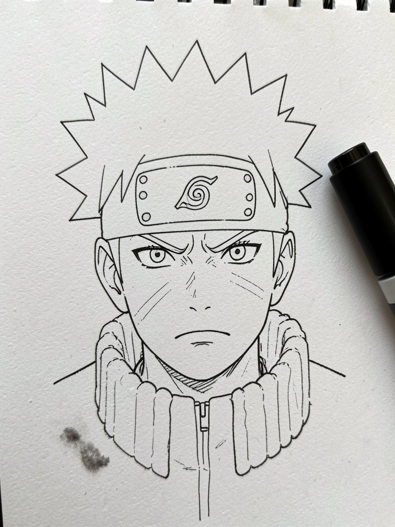 Desenho passo a passo do Naruto em um caderno de esboços, com lápis sobre papel, mostrando linhas de construção do rosto e cabelo.