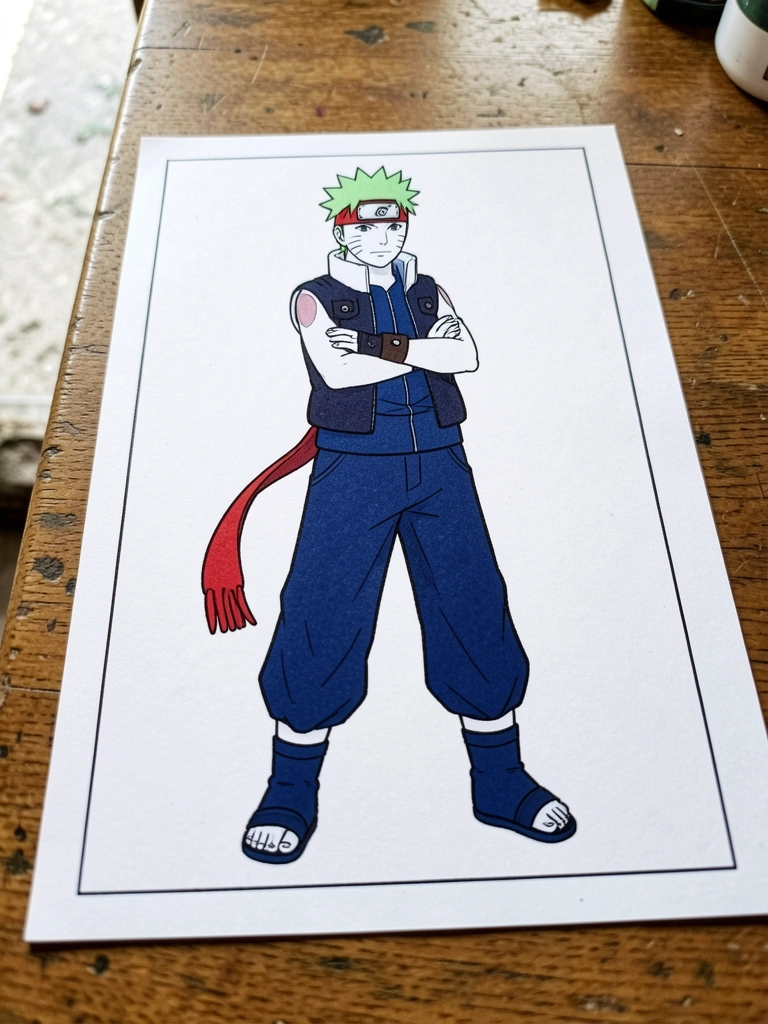 Desenho em preto e branco do Naruto em estilo mangá, com traços definidos e sombreamento suave.