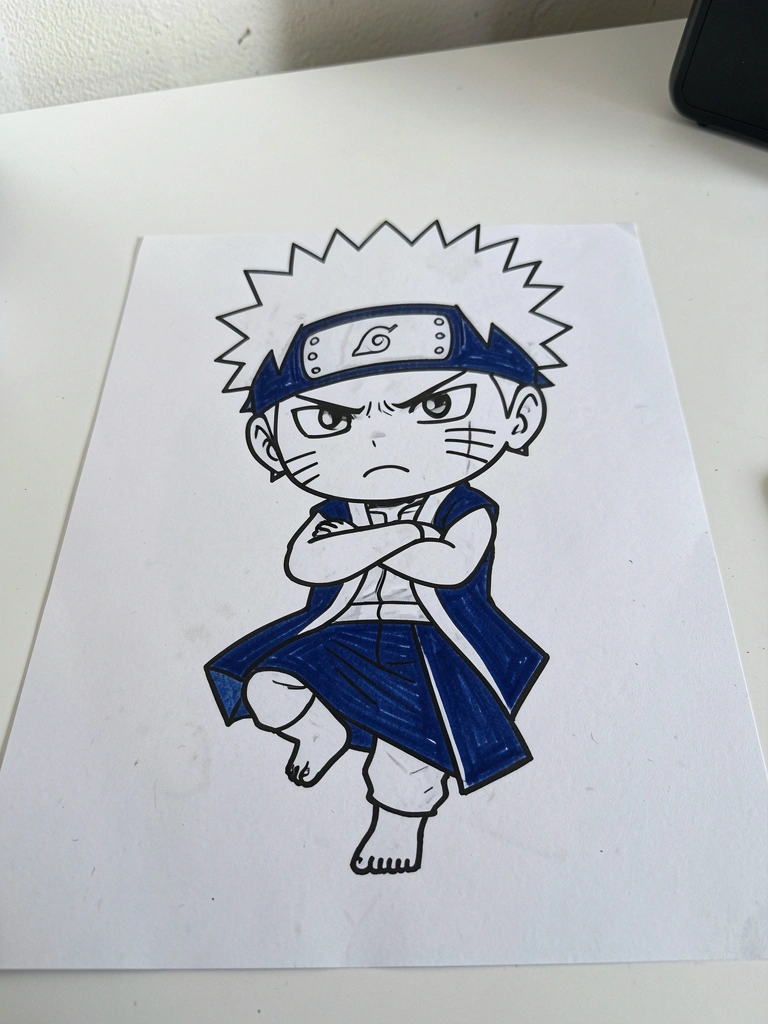 Mesa de trabalho com lápis, borracha e folhas de papel com esboços do Naruto em diferentes poses