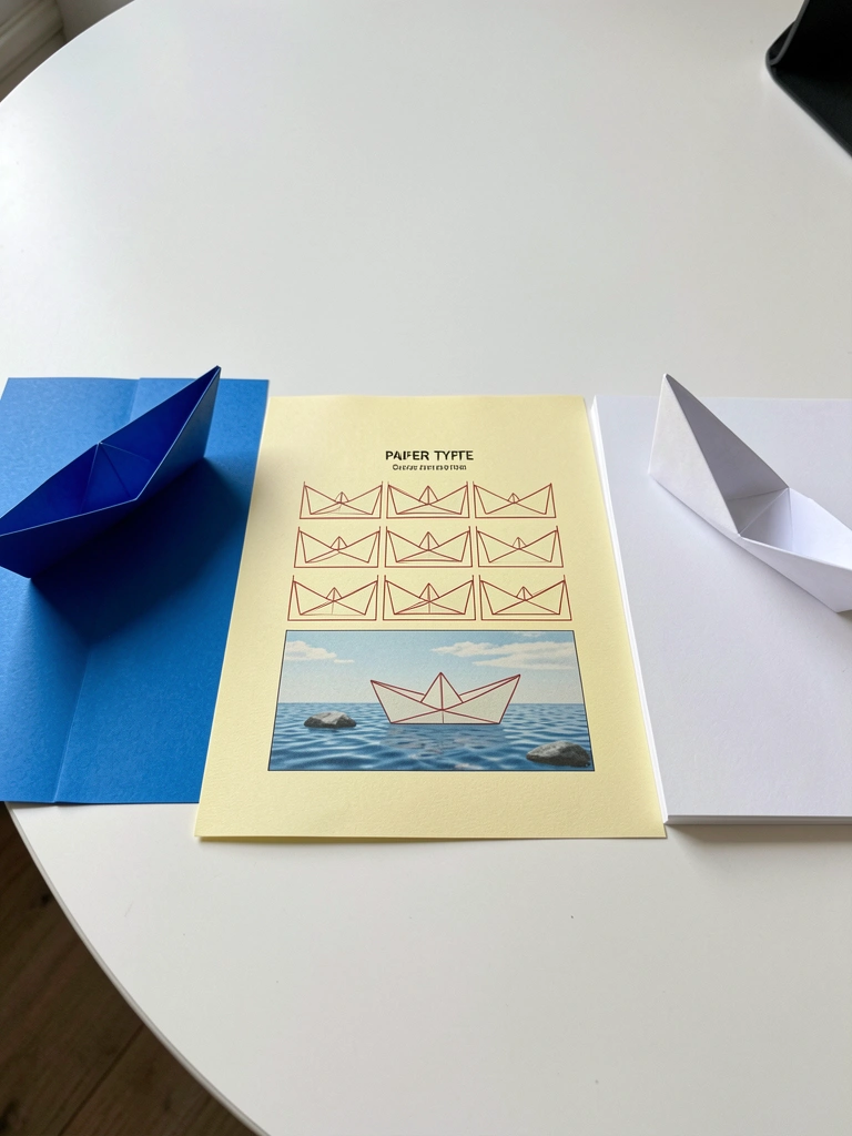 Folhas de papel sulfite branco, coloridas e cartolina sobre uma mesa