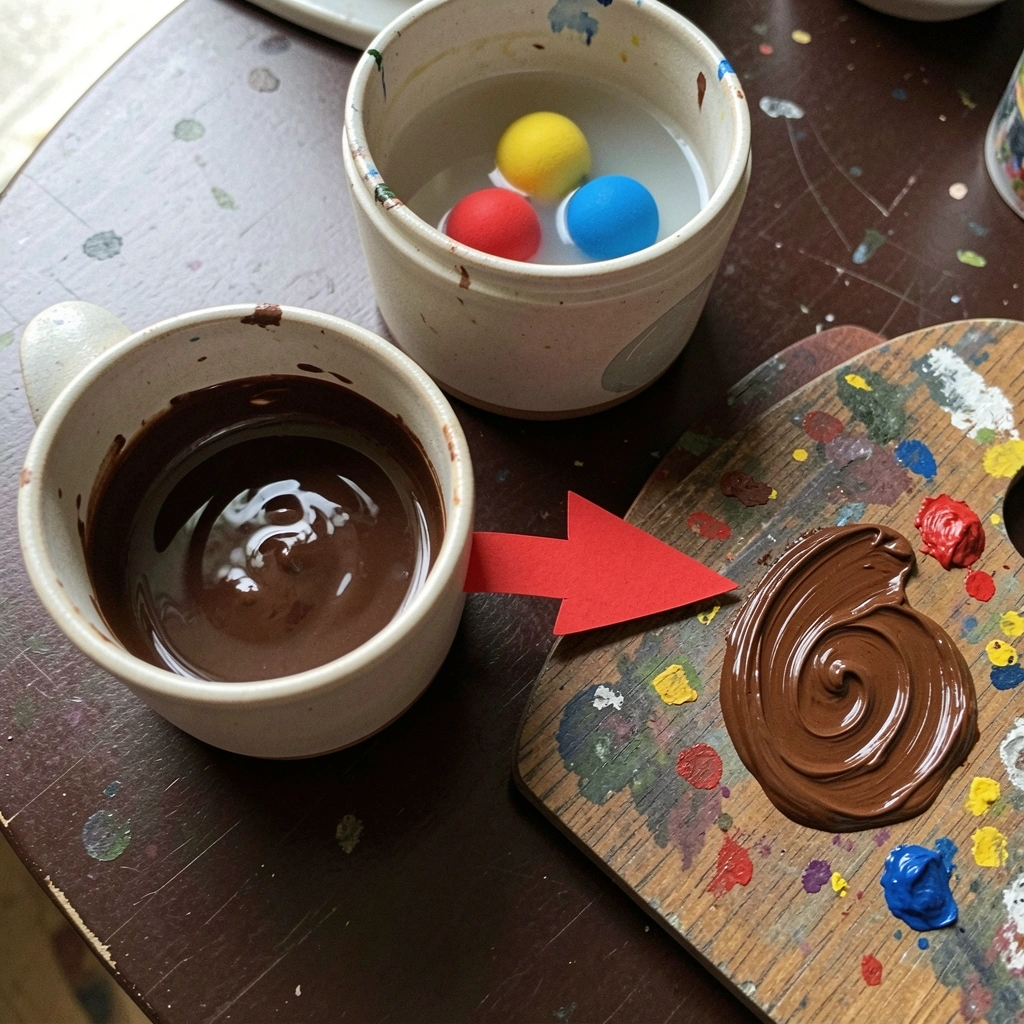 Potes de tinta abertos e uma paleta com tom marrom em destaque