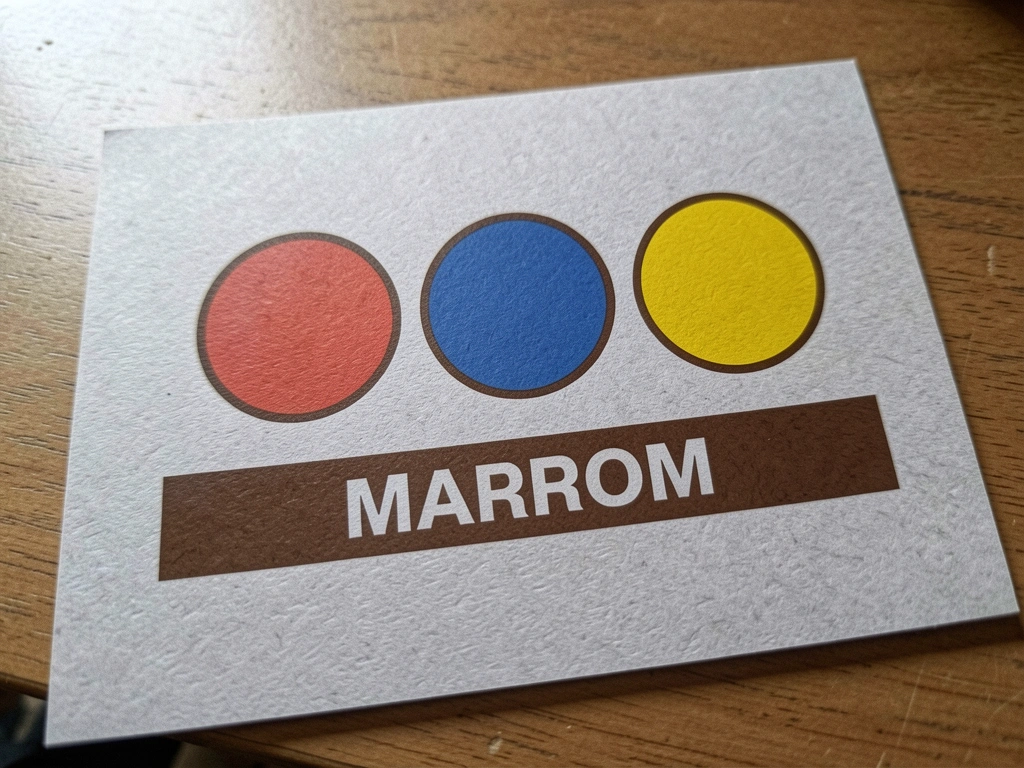 Círculo cromático com seta apontando para o marrom, destacando as cores primárias ao redor.