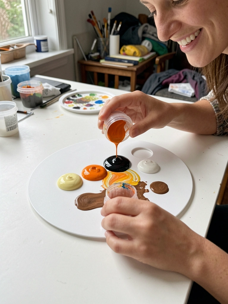 Mãos despejando tinta de potes em uma paleta, cores primárias se misturando