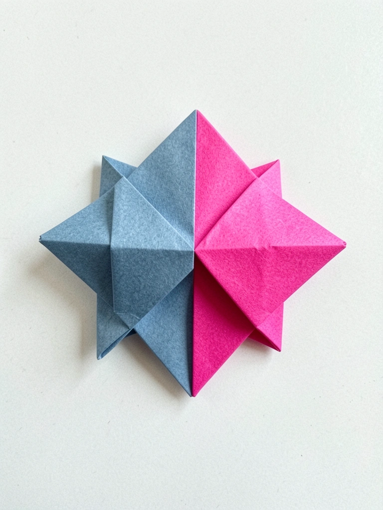 Mãos segurando um pedaço de papel com dobras geométricas, fundo neutro claro