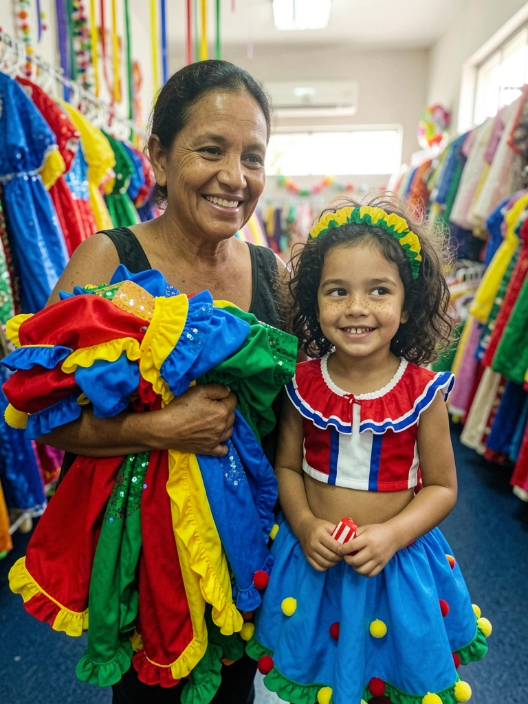 Mãe segurando fantasias coloridas em cabide, criança observando ao lado