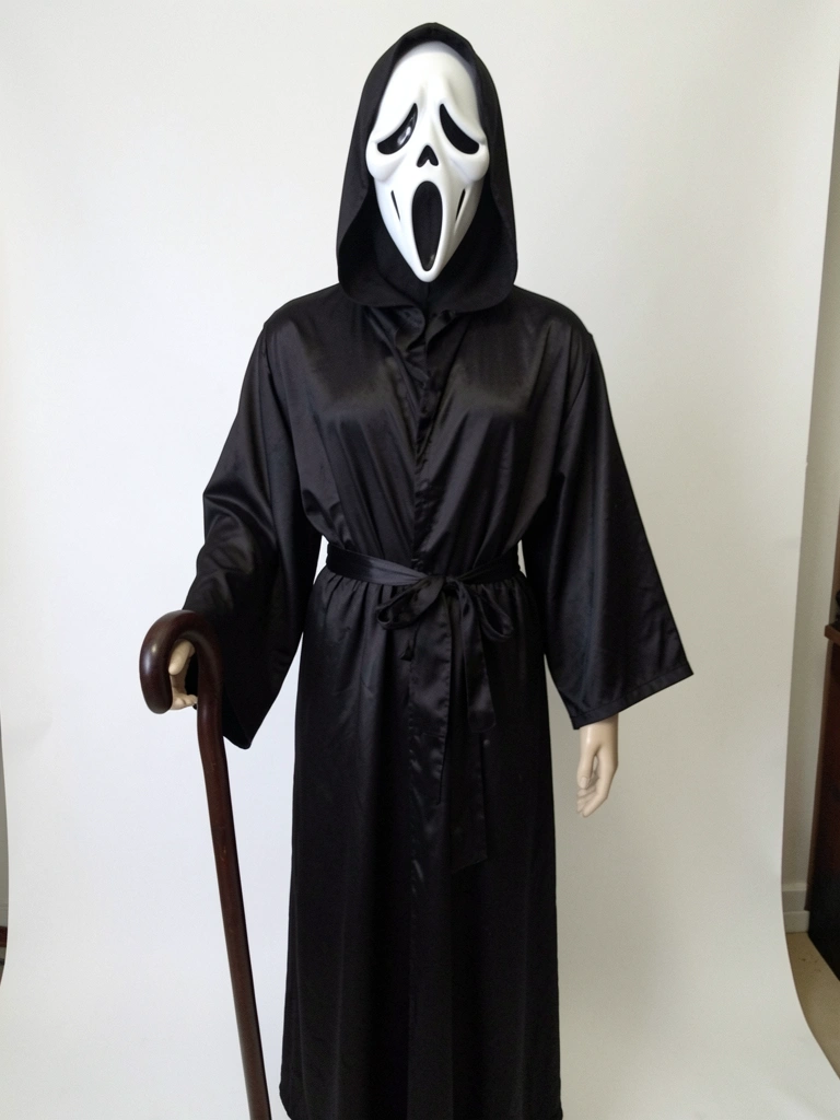 Criança vestida de bruxa com chapéu pontudo e vassoura, em ambiente decorado com abóboras de halloween