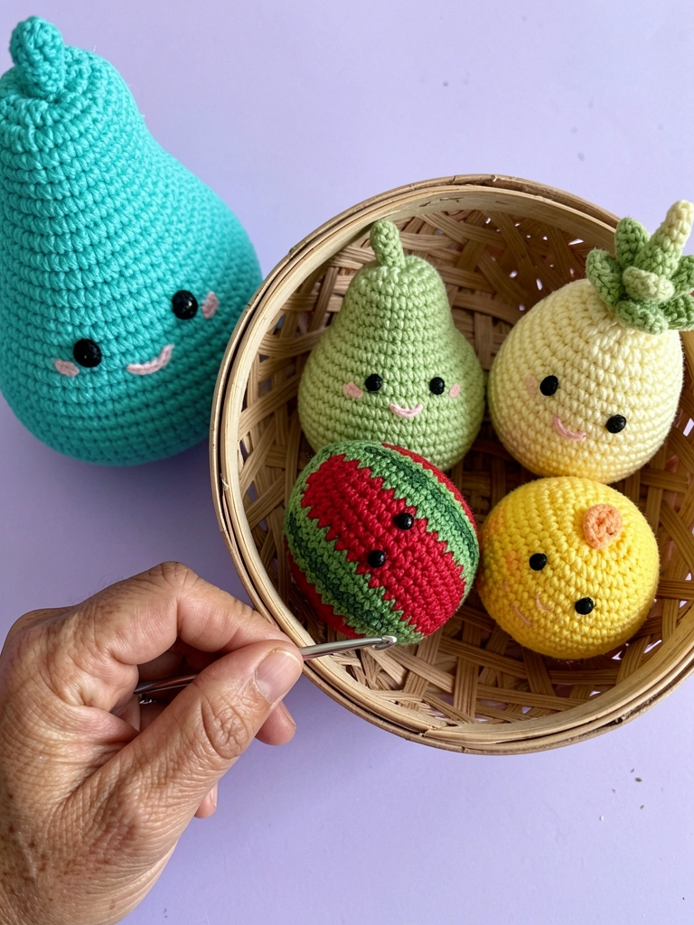 Mesa de madeira clara com frutas amigurumi coloridas e novelos de lã ao redor
